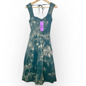 Nikki Lund Smocked Blue and Cream Bleach Splatter Sleeveless Midi Dress S